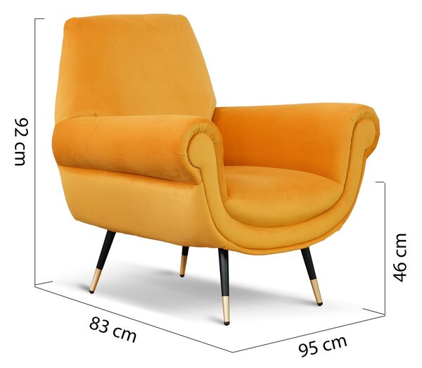 Poltrona design vintage Vico velluto giallo mostarda gambe nere e ottone
