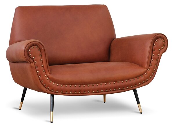 Divano 2 posti design vintage Vico pelle fiore pull up cognac con borchie anticate e gambe nere e ottone