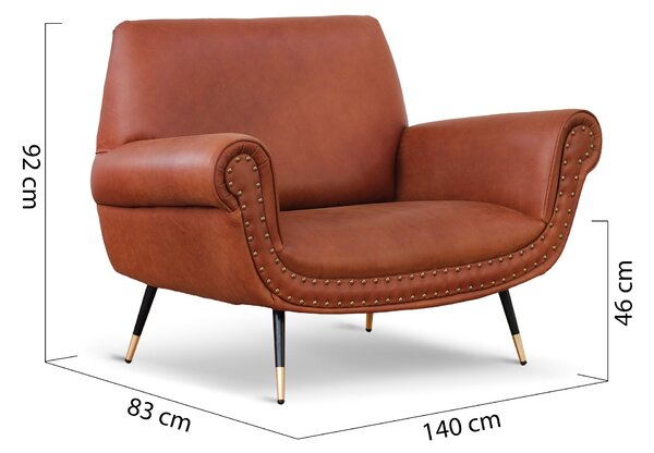 Divano 2 posti design vintage Vico pelle fiore pull up cognac con borchie anticate e gambe nere e ottone
