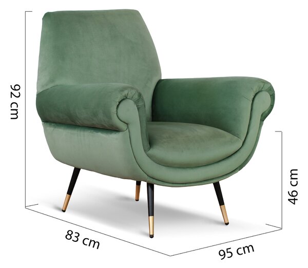 Poltrona design vintage Vico velluto verde menta gambe nere e ottone
