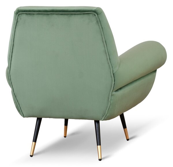 Poltrona design vintage Vico velluto verde menta gambe nere e ottone