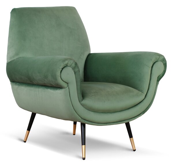 Poltrona design vintage Vico velluto verde menta gambe nere e ottone