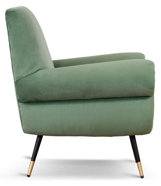 Poltrona design vintage Vico velluto verde menta gambe nere e ottone