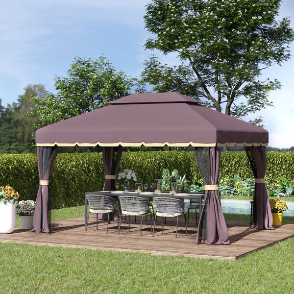 Outsunny Gazebo da Giardino Impermeabile con Doppio Tetto, Zanzariera e Teli Laterali, in Alluminio e Poliestere, 2.9x3.9 m, Caffè | Aosom Italy