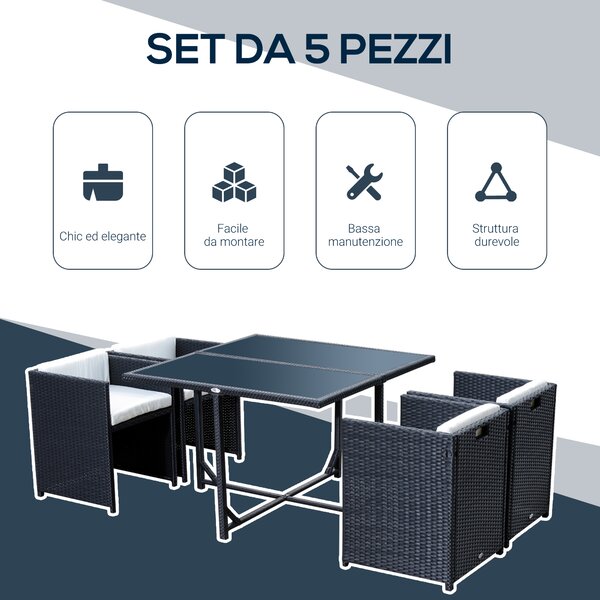 Outsunny Set Mobili da Giardino 5pz Set Tavolo da Pranzo con 4 Sedie con Cuscini Combinabili a Rettangolo|Aosom