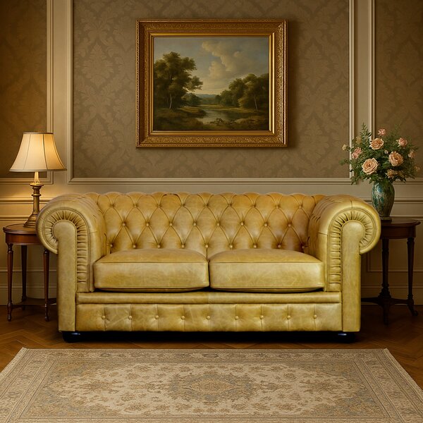 Divano Chesterfield 2 posti pelle fiore senape old England