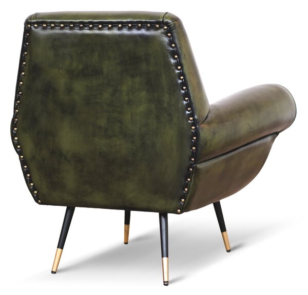 Poltrona design vintage Vico pelle fiore verde stile old America rifinita a mano con borchie anticate e gambe nere e ottone