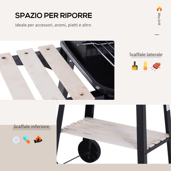 Outsunny Griglia a Carbone Barbecue BBQ Carrello Grill per Picnic con Ruote da Balcone Giardino in Ferro e Legno 83 × 45 × 87 cm Nero|Aosom