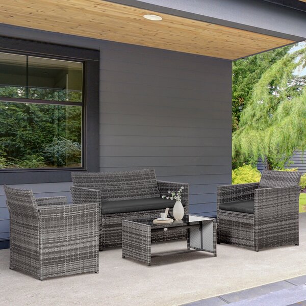 Outsunny Set 4 P.zi Mobili da Giardino in Rattan (PE), Salotto da Esterni con Tavolo, 2 Sedie, Divano due posti, Grigio|Aosom