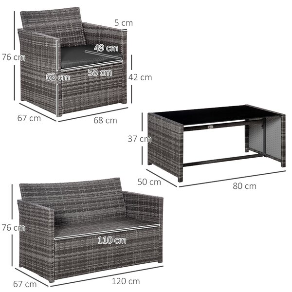 Outsunny Set 4 P.zi Mobili da Giardino in Rattan (PE), Salotto da Esterni con Tavolo, 2 Sedie, Divano due posti, Grigio|Aosom