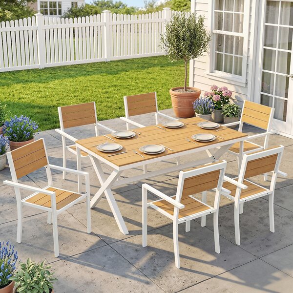 Outsunny Set Pranzo Esterni 7 Pezzi, Tavolo Sedie Impilabili Telaio Alluminio, Teak | Aosom Italy