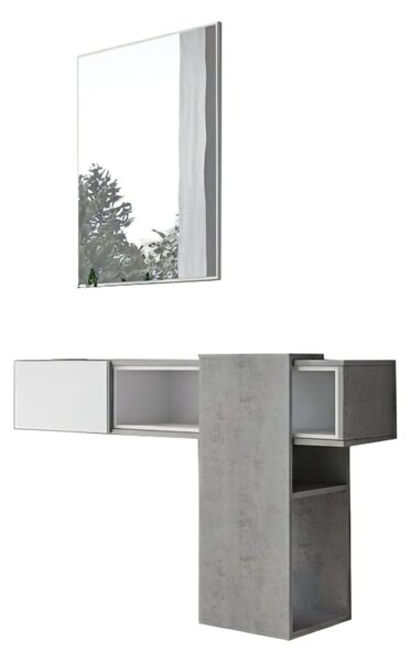 Mobile da Ingresso Grigio Cemento Bianco Specchio Incluso un Ripiano 100x31x75h cm, Appendiabiti - Limbadi