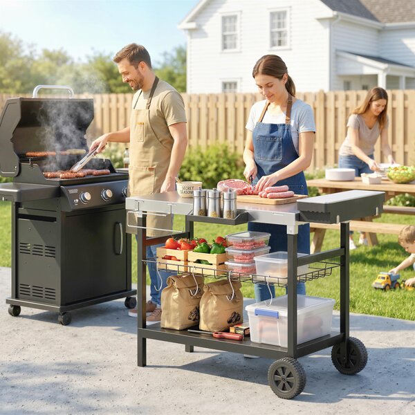 Outsunny Carrello Barbecue da Esterno con Piano in Acciaio Inossidabile, Porta Spezie, Ganci e Maniglia Laterale, Nero | Aosom Italy