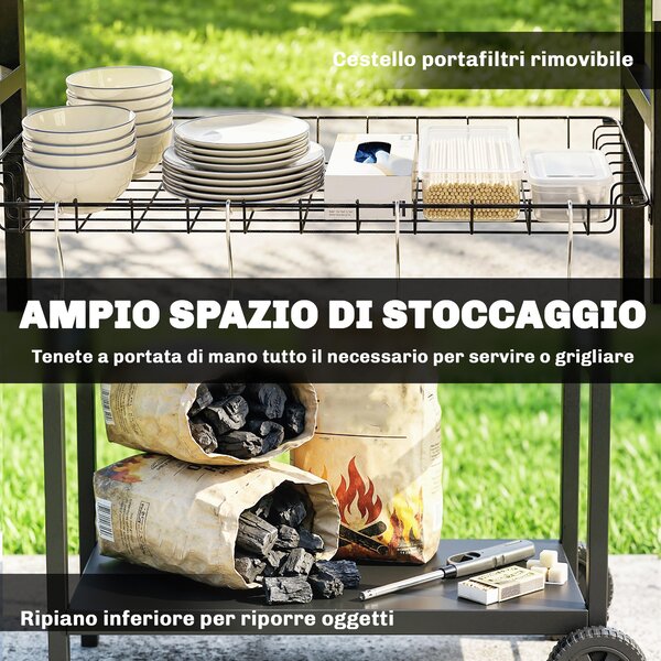 Outsunny Carrello Barbecue da Esterno con Piano in Acciaio Inossidabile, Porta Spezie, Ganci e Maniglia Laterale, Nero | Aosom Italy