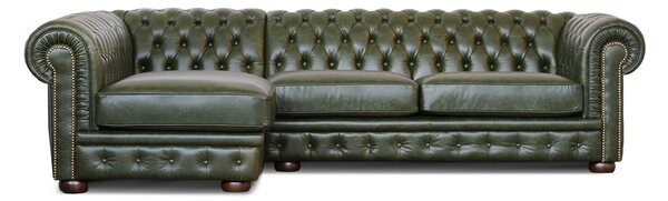 Divano Chesterfield angolare in pelle primo fiore verde inglese borchie anticate