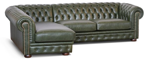 Divano Chesterfield angolare in pelle primo fiore verde inglese borchie anticate