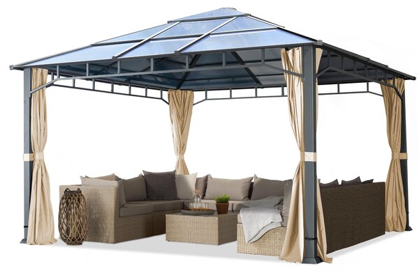 TOOLPORT Gazebo da Giardino 4x4 m Telaio in Alluminio Tetto in Policarbonato da ca. 8 mm 4 Teli Laterali Color Crema