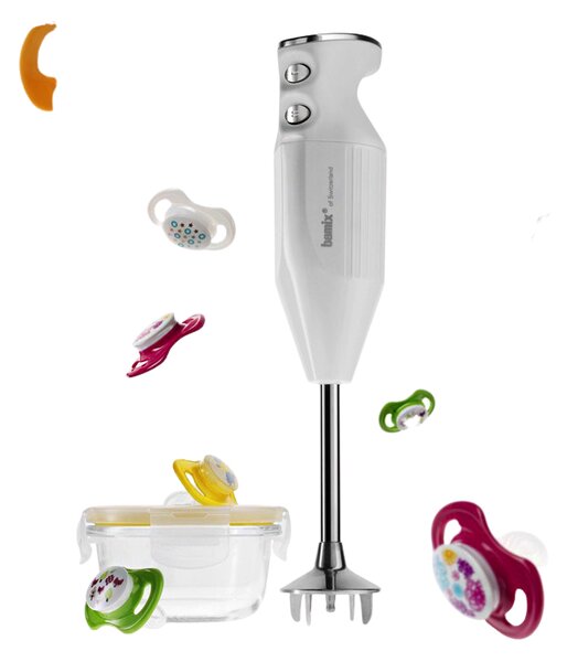 Kitchen mixer for children, Powerful 200W motor guaranteed for life. Practical desk stand. Interchangeable blades for mixing kneading, cutting and blending. Food container. Cookbook. The only repairable immersion blender. Gift box