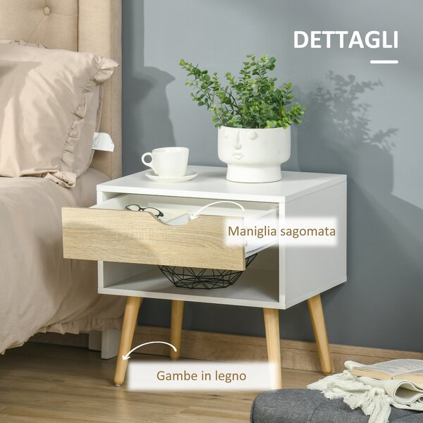 HOMCOM Set di 2 Comodini Moderni con Cassetto e Mensola, Base Rialzata e Gambe in Legno, 50x39x51cm, Bianco e Rovere|Aosom