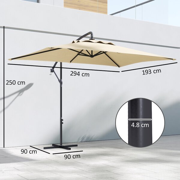 Outsunny Ombrellone da Giardino Decentrato con Base a Croce e Apertura a Manovella, 294x193cm, Beige