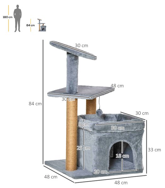 PawHut Albero Tiragraffi per Gatti con Pali in Corda Juta, Casetta e Cuscino per Gatti, Rivestimento in Peluche, Altezza 84cm, Grigio|Aosom