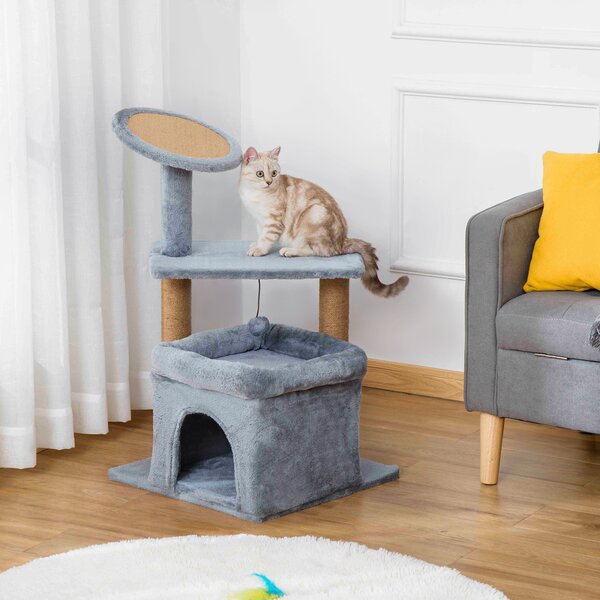 PawHut Albero Tiragraffi per Gatti con Pali in Corda Juta, Casetta e Cuscino per Gatti, Rivestimento in Peluche, Altezza 84cm, Grigio|Aosom