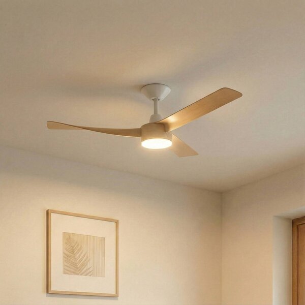 Ventilatore da soffitto LED Lucande Airona, bianco/legno, DC, silenzioso, Airona Lucande, dimmerabile, Legno chiaro, Soggiorno / Sala da pranzo, Plastica, Moderno