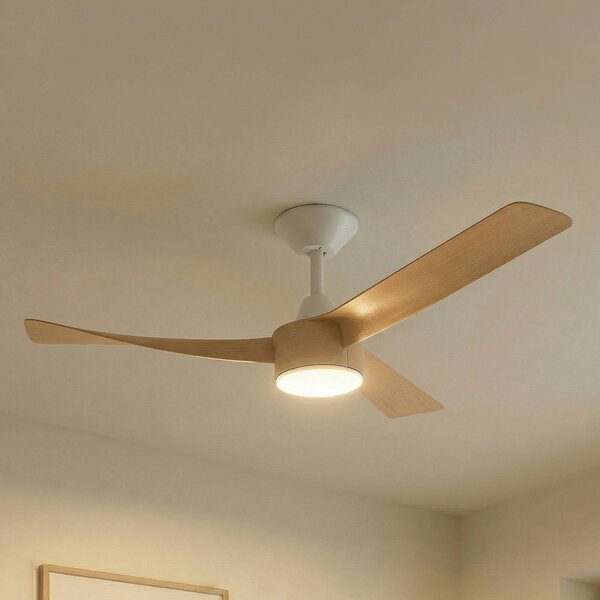 Ventilatore da soffitto LED Lucande Airona, bianco/legno, DC, silenzioso, Airona Lucande, dimmerabile, Legno chiaro, Soggiorno / Sala da pranzo, Plastica, Moderno