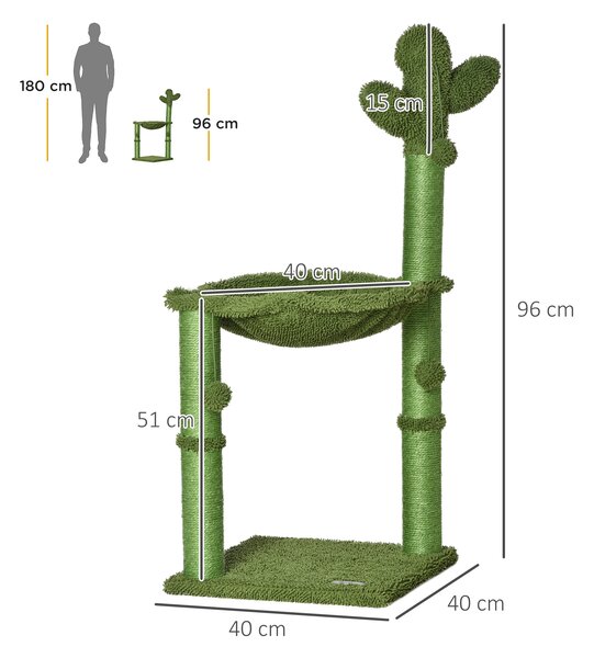 PawHut Albero Tiragraffi per Gatti Adulti e Gattini a Forma di Cactus con Corda Sisal, Palline e Amaca, Altezza 96cm, Verde|Aosom