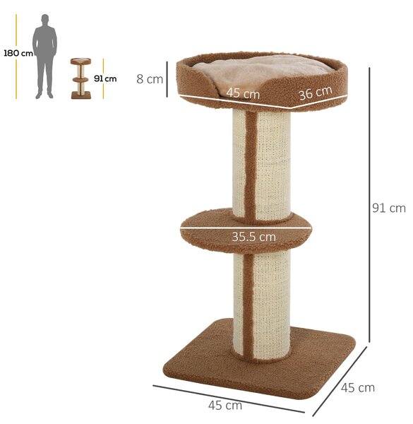 PawHut Tiragraffi ad Albero per Gatti con Cuccia, Cuscino e Morbido Rivestimento Marrone, Pali in Corda Sisal, Altezza 91cm|Aosom