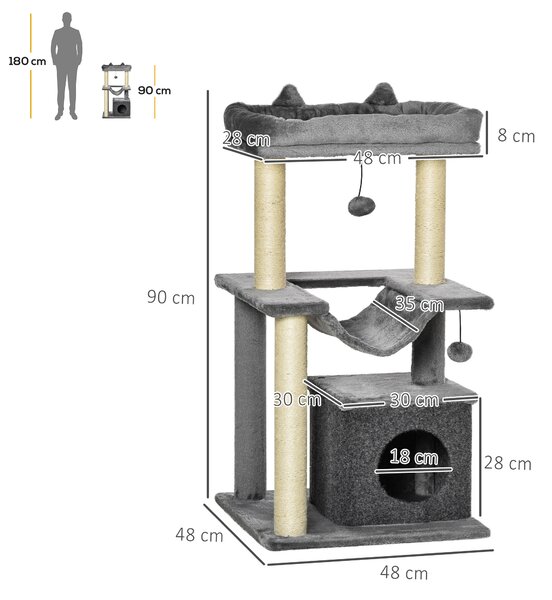 PawHut Albero Tiragraffi con Corde Sisal, Casetta e Amaca, Rivestimento Peluche e Feltro, Altezza 100cm, Grigio|Aosom