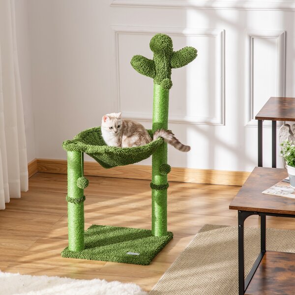 PawHut Albero Tiragraffi per Gatti Adulti e Gattini a Forma di Cactus con Corda Sisal, Palline e Amaca, Altezza 96cm, Verde|Aosom