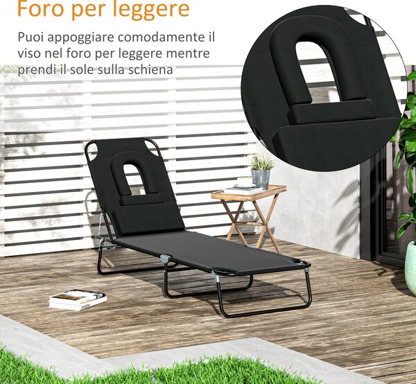 Outsunny Sdraio Pieghevole Reclinabile su 4 Livelli con Foro per Lettura, Lettino Pieghevole Mare in Tessuto Oxford e Acciaio, Nero | Aosom Italy