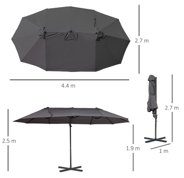Outsunny Ombrellone Doppio da Giardino in Metallo e Poliestere Anti-UV Impermeabile con Manovella, 440x270x250cm, Grigio|Aosom