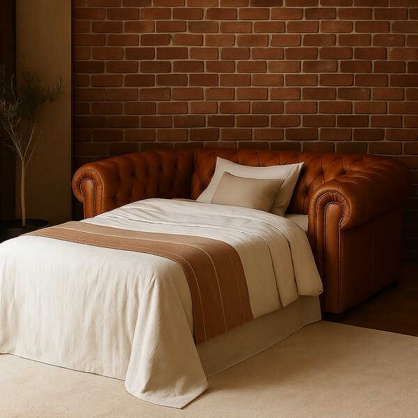 Divano Letto Chesterfield in Pelle Primo Fiore Premium con Rete e Materasso Pieghevole