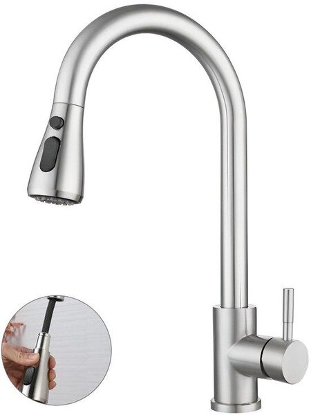 Rubinetto da cucina in acciaio inossidabile, tubo flessibile da 60 cm, doccetta estraibile, rotazione a 360°, 2 livelli, nero