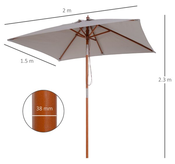 Outsunny Ombrellone da Giardino Inclinabile 2x1.5m, 6 Stecche, Palo in Legno e Apertura a Corda, Grigio|Aosom
