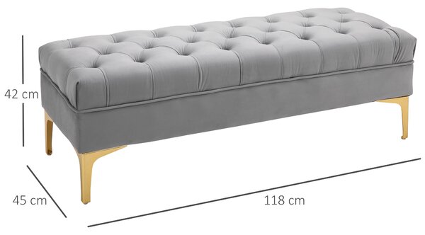 HOMCOM Panca Imbottita Fondoletto in Tessuto Vellutato con Piedini in Metallo per Camera da Letto e Ingresso, Decorazione a Trapunta, Grigio | Aosom