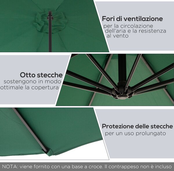 Outsunny Ombrellone da Giardino Decentrato Ø2.95m Impermeabile Anti-UV con Struttura in Acciaio, Manovella, Base a Croce, Verde | Aosom
