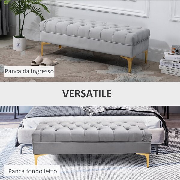 HOMCOM Panca Imbottita Fondoletto in Tessuto Vellutato con Piedini in Metallo per Camera da Letto e Ingresso, Decorazione a Trapunta, Grigio | Aosom