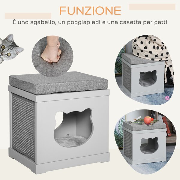 PawHut Cuccia Casetta per Gatti in Legno con 2 Cuscini e Tiragraffi Rimovibili, Grigio, 41x30x36cm|Aosom