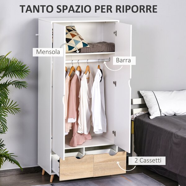 HOMCOM armadi economici armadietto elegante con ripiano attaccapanni 2 cassetti armadio cameretta con 2 ante 80x40x180 cm, bianco | Aosom Italy