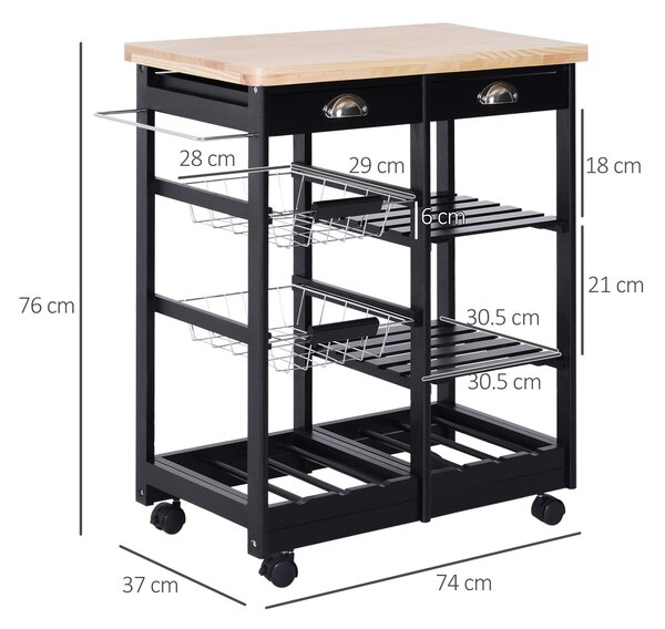 HOMCOM Carrello Cucina Portafrutta con Ruote Cassetti e Portabottiglie Salvaspazio in Legno MultifunzioneNero 74x37x76cm|Aosom