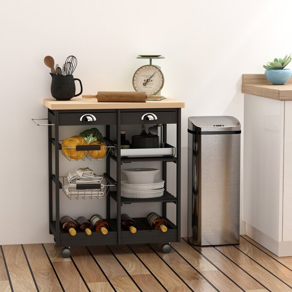 HOMCOM Carrello Cucina Portafrutta con Ruote Cassetti e Portabottiglie Salvaspazio in Legno MultifunzioneNero 74x37x76cm|Aosom