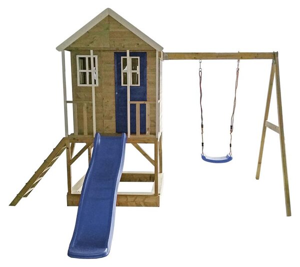 Wendi Toys Casa su palafitte in legno Alpaca con scivolo, altalena e sabbiera Naturale 290x350x242 cm