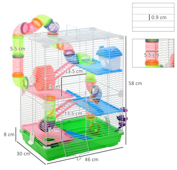 PawHut Gabbia con Maniglia per Criceti a 5 livelli con Tubi Colorati, Ruota per Criceti, Scale, Casetta e Accessori per Cibo, 46x30x58 cm|Aosom