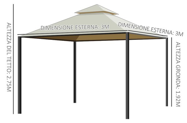 Outsunny Gazebo multifunzione da Esterno Impermeabile con Doppio Tettuccio e Tende Laterali Chiudibili a Cerniera, 3x3 m, Beige | Aosom Italy