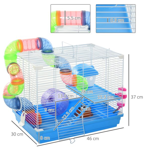 PawHut Gabbia per Criceti a 2 Livelli con Serbatoio per Acqua, Vassoio Rimovibile, Tunnel e Ruota per Criceti, 46x30x37 cm, Blu e Bianca|Aosom