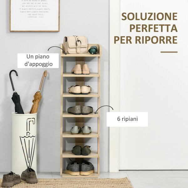 HOMCOM Mobile Scarpiera per Ingresso in Legno, Scaffale per 6 Scarpe con Ripiano Porta Oggetti, 32x30x104cm, Rovere|Aosom