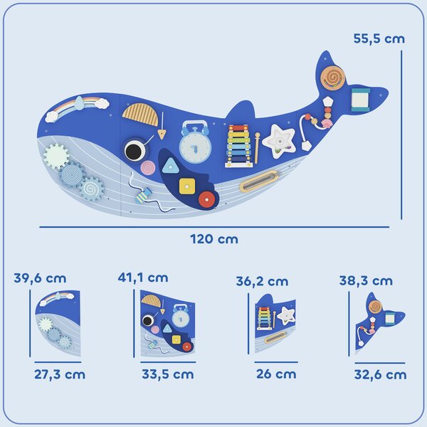 AIYAPLAY Montessori Busy Board in Legno per Bambini da 2 Anni, da Parete, a Tema Balena, Blu | Aosom Italy